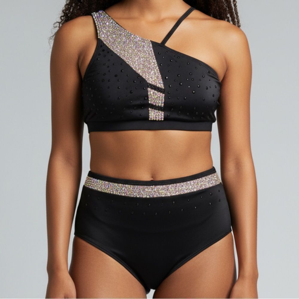 AA dance design costume black 2 piece rhinestoned custom  mesh cutout MA adult